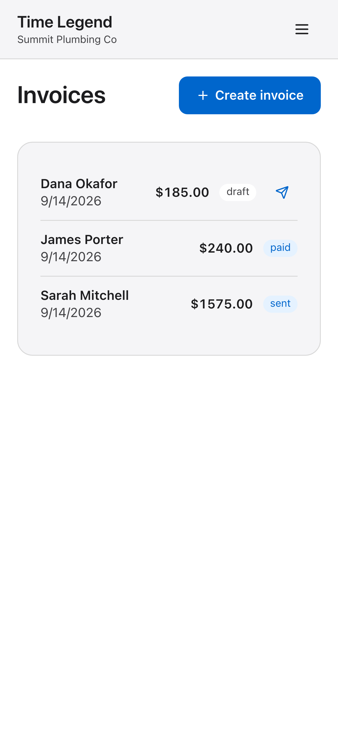 Invoices: a water heater job invoiced and sent by text