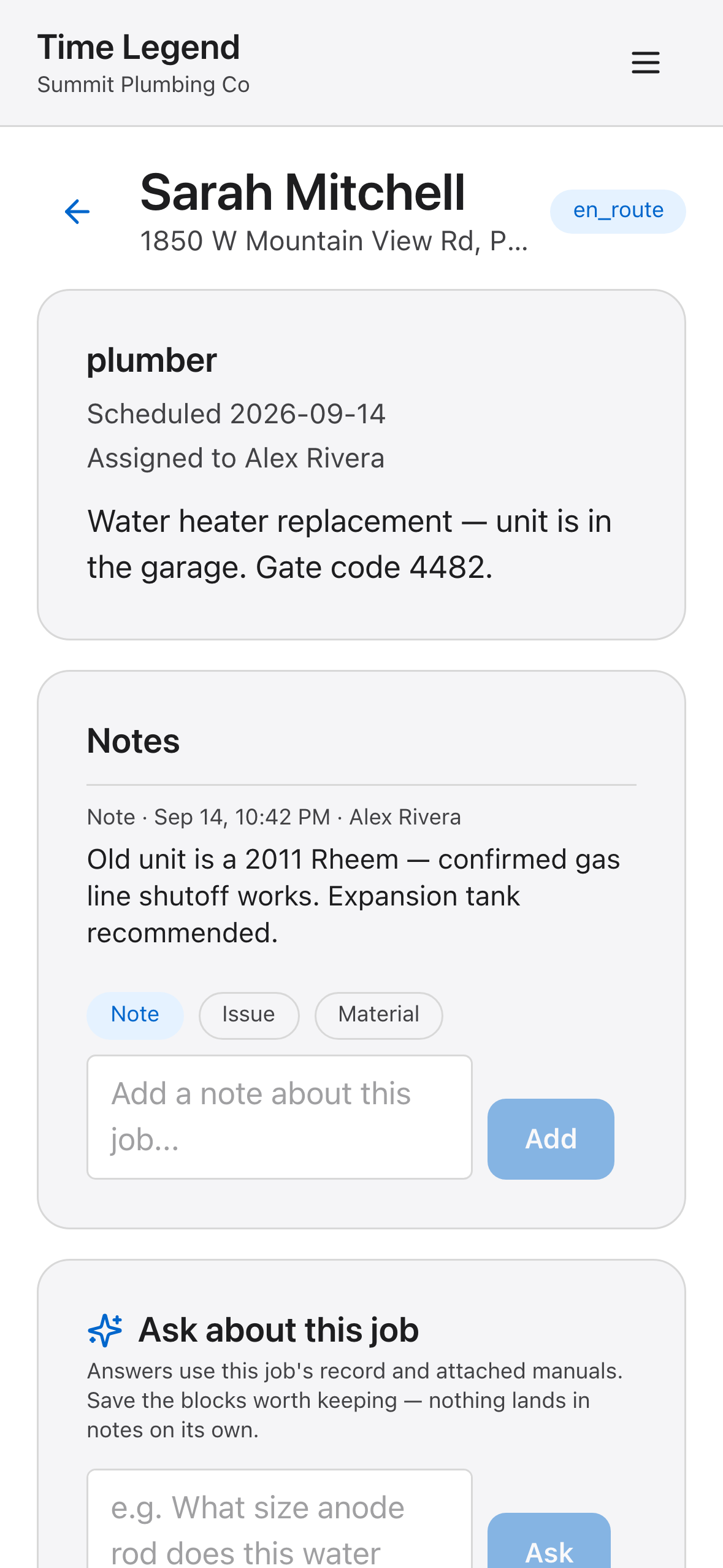 Job detail: checklist, notes thread, and job history for a water heater replacement